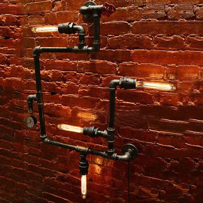 Wandleuchte mit 4 Glühbirnen, Wandleuchte, Bauernhaus-Wandleuchte aus schwarzem Metall mit blanker Glühbirne und Messgerät