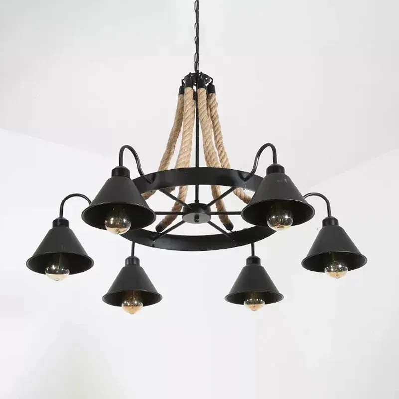 Wheel Restaurant Kronleuchter Beleuchtung Loft-Stil Seil 6/8 Köpfe braune Pendelleuchte mit kegelförmigem Metallschirm