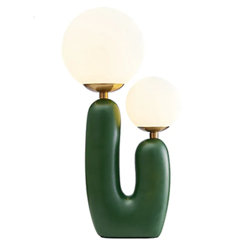 Kaktus-Nachttischleuchte aus Kunstharz, 2 Glühbirnen, Nachtlampe im nordischen Stil mit kugelförmigem, cremefarbenem Gla...