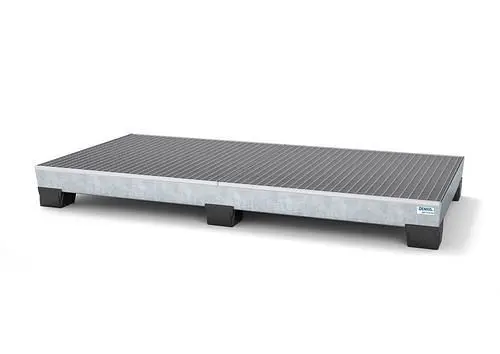 DENIOS Auffangwanne pro-line für 8 Fässer Stahl verzinkt Füße mit Gitterrost B 2455 mm 259358