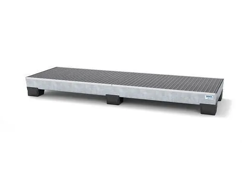 DENIOS Auffangwanne pro-line für 4 Fässer Stahl verzinkt Füße mit Gitterrost B 2470 mm 259356