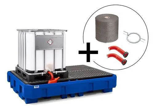 DENIOS classic-line Set aus 2-IBC-PE-Auffangwanne 2 Auslaufverlängerungen IBC-Deckel-Öffner und Bindevliesrolle 276651