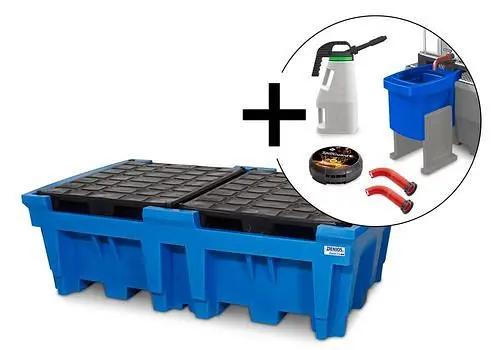 DENIOS classic-line Set aus 2-IBC-PE-Auffangwanne Leckagemelder Vorsatz-Abfüllbehälter Auslaufverlängerungen und Kanne ...