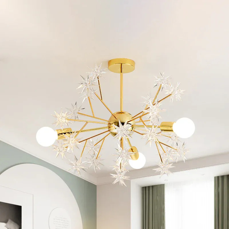Goldene Sputnik-Kronleuchter-Lampe, zeitgenössisches 3-flammiges Metall-Pendelleuchten-Set mit Stern-Akzent