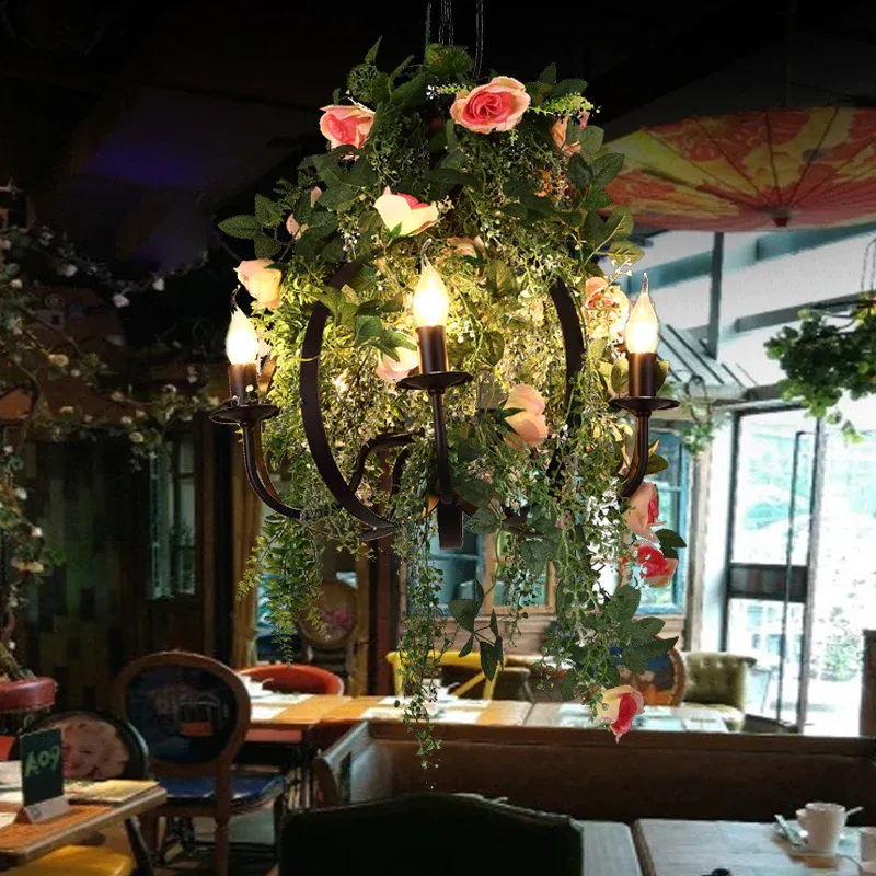 Industrielle Kandelaber-Pendelleuchte, 5 Glühbirnen, Metall-LED-Hängelampen-Set Grün für Restaurant