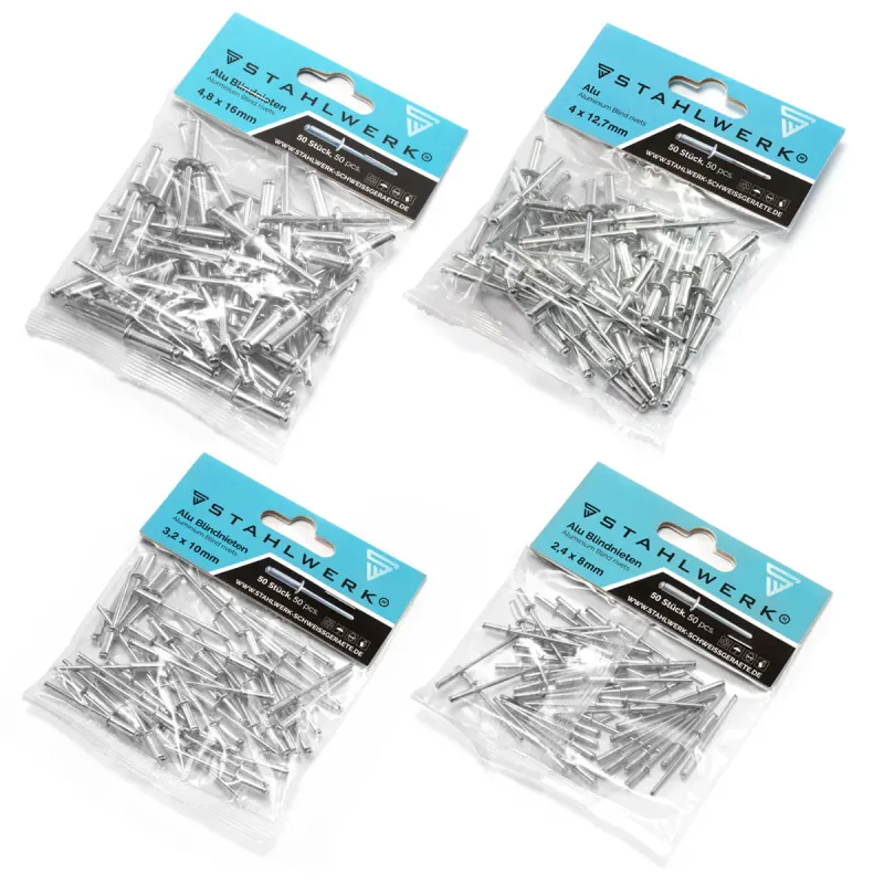 STAHLWERK 4er Set Alu-Blindnieten 2,4 x 8 mm + 3,2 x 10 mm + 4 x 12,7 mm + 4,8 x 16 mm je 50 Stück