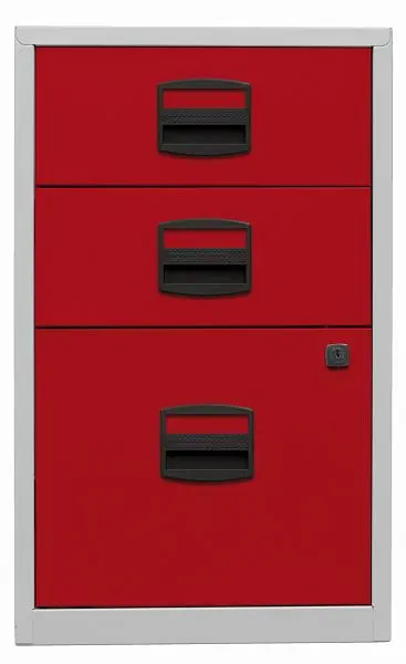 Bisley Beistellschrank PFA 2 Universalschubladen 1 HR-Schublade Korpus lichtgrau Fronten kardinalrot PFA3506