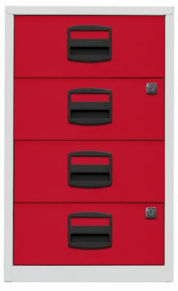 Bisley Beistellschrank PFA 4 Universalschubladen Korpus lichtgrau Fronten kardinalrot PFA4S506