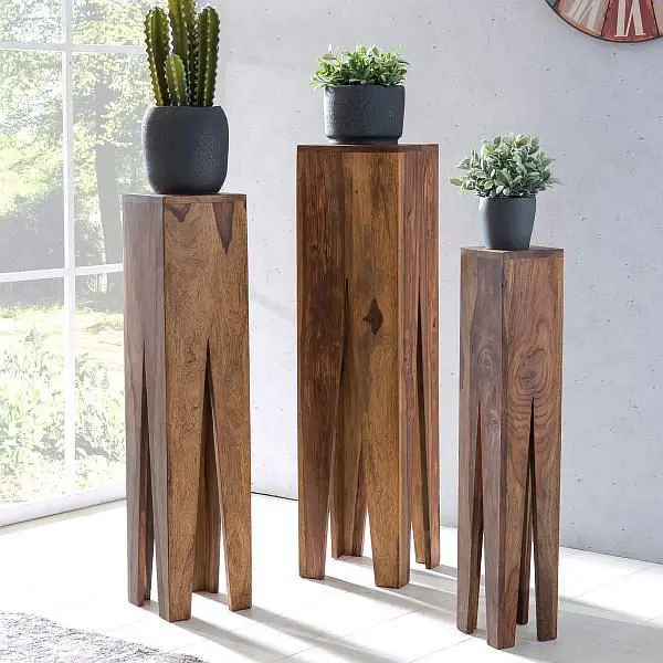 Wohnling Beistelltisch 3er Set KADA Massivholz Sheesham Gestaltung Säulen Landhausstil quadratisch WL1.564