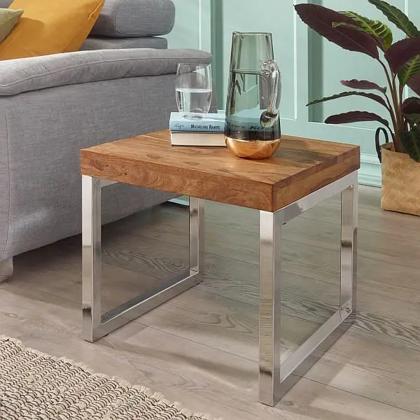 Wohnling Beistelltisch GUNA 45 x 40 x 45 cm Massivholz Sheesham Metallgestell Landhaus-Stil dunkelbraun natur WL1.310