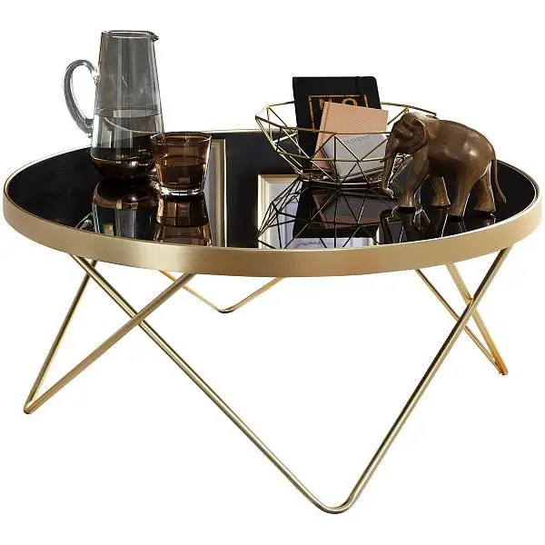 Wohnling Couchtisch Ø 82 cm Schwarz / matt Gold Metall / Glas WL5.786
