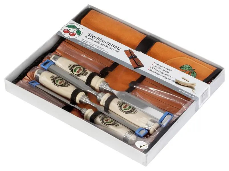 Kirschen Stechbeitelsatz mit Weißbuchenheft Lederrolltasche 10 - 16 - 20 - 26 mm 1151000