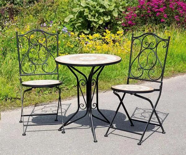 3tlg. Set, Bistroset, "Mosaik", Sternmotiv, Metall, schwarz, H. 70 cm, D. 60 cm mit pflegeleichten Kissen