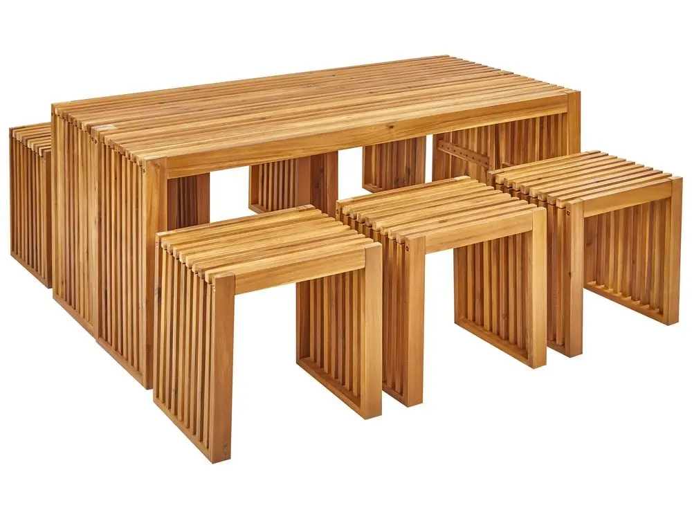 Gartenmöbel Set mit Bänken und Hockern 6-Sitzer BELLANO Akazienholz Braun mit Tisch und Stühlen
