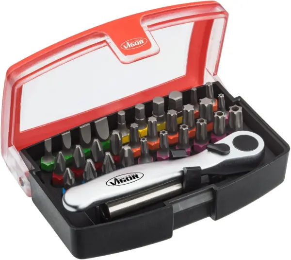 VIGOR Bit Box Sechskant massiv 63 (1/4 Zoll) Tamper Resistant TORX Profil Anzahl Werkzeuge: 32 Kunststoff-Box V5502