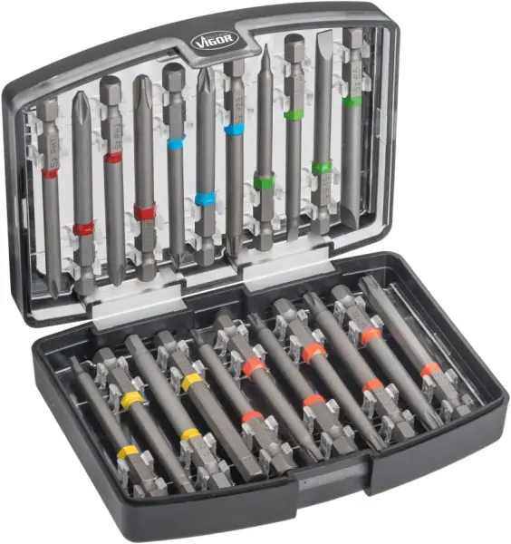 VIGOR Bit Box Sechskant massiv 63 (1/4 Zoll) 08 x 4 - 1 x 5 4 - 6 PH1 - PH3 PZ1 - PZ3 T10 - T40 Anzahl Werkzeuge: 22 V6068