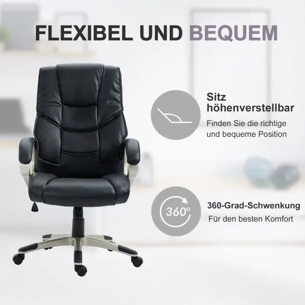 HOMCOM Bürosessel Chefsessel mit Wippfunktion Bürostuhl Drehstuhl Stuhl Schreibtischstuhl Sessel Büro Schwarz Kunsterle...