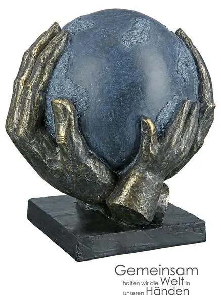 Skulptur, Ball, "Save World", Händemotiv, Kunstharz, grau, bronzefarben, L. 15 cm, B. 18 cm, H. 19 cm