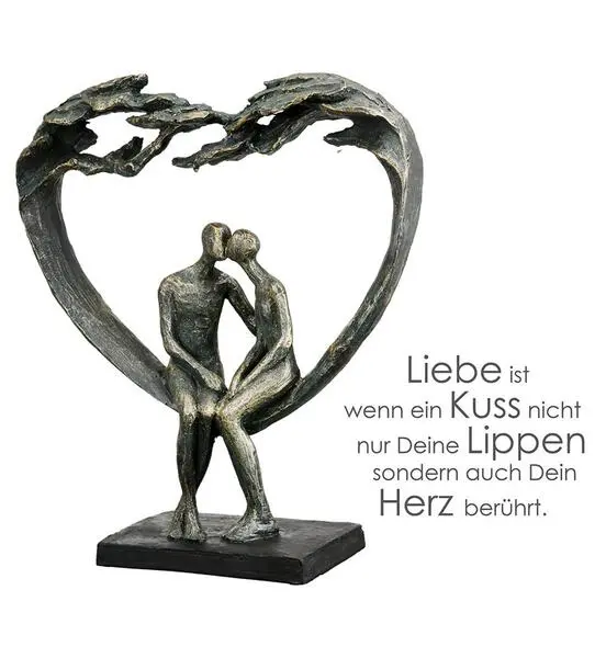 Skulptur, Herz, "Kiss under Tree", Paarmotiv, Kunstharz, bronzefarben, L. 9 cm, B. 27 cm, H. 30 cm