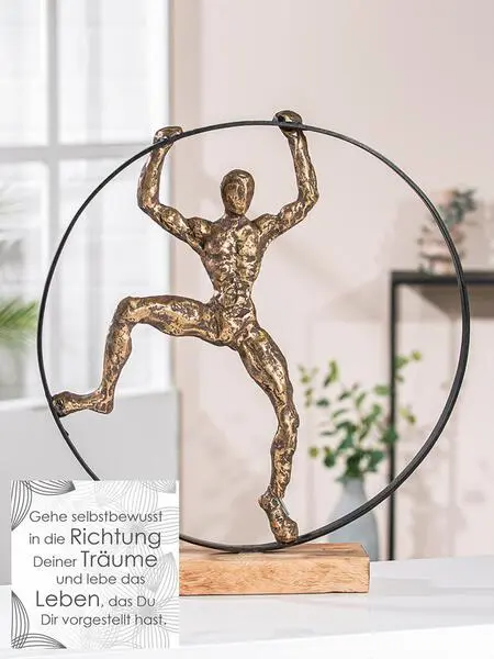 Skulptur, rund, "Pose", Mannmotiv, Mangoholz, bronzefarben, L. 9 cm, B. 41 cm, H. 45 cm