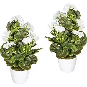Geranienbusch, UV-beständig, Höhe 400 mm, 26 Blatt, VE 2 Stk, Blüten weiß.