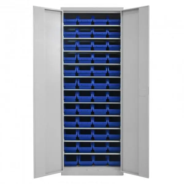 ADB Flügeltürenschrank mit 48 Sichtlagerkästen und Fachböden Maß BxLxH: 170x240x126 mm Farbe: Blau 40825