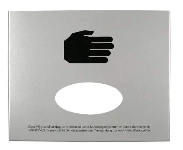 Busching Handschuhspender Entnahme vorne Front mittige Öffnung Alu RAL 9006 mit Piktogramm/Sicherheithinweis 100321