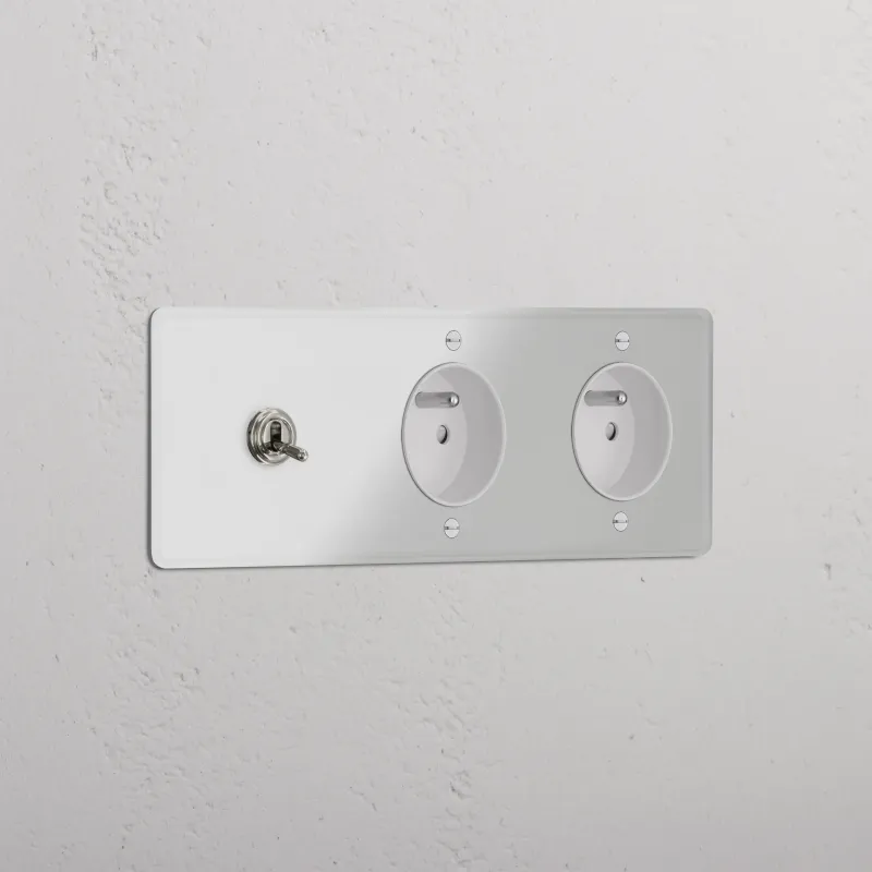 Kew Kipphebel 1x & Französisches/Belgisches Modul (Typ E) 2x Dreifachrahmen - Glasklar + Poliertes Nickel | Weiß Regular