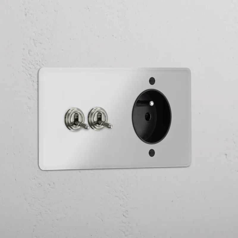 Kew Kipphebel 2x & Französisches/Belgisches Modul (Typ E) 1x Zweifachrahmen - Durchscheinend + Poliertes Nickel | Schwarz...