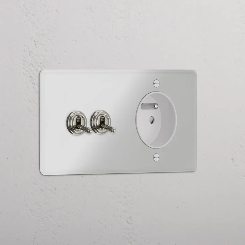 Kew Kipphebel 2x & Französisches/Belgisches Modul (Typ E) 1x Zweifachrahmen - Durchscheinend + Poliertes Nickel | Weiß R...