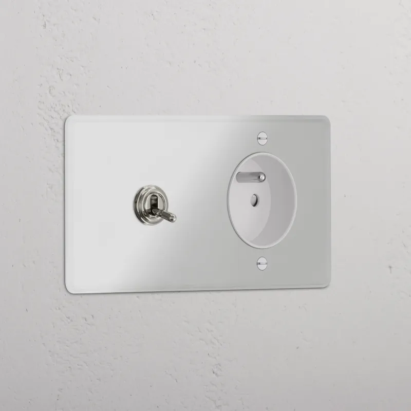 Kew Kipphebel & Französisches/Belgisches Modul (Typ E) je 1x Zweifachrahmen - Glasklar + Poliertes Nickel | Weiß Regular