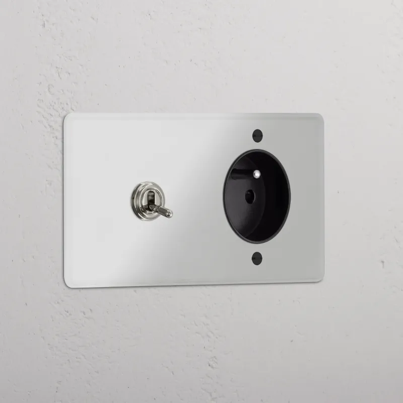 Kew Kipphebel & Französisches/Belgisches Modul (Typ E) je 1x Zweifachrahmen - Gläsern + Poliertes Nickel | Schwarz Regular