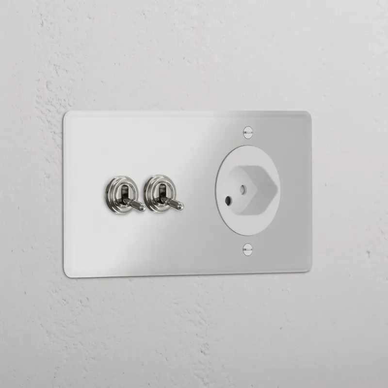 Kew Kipphebel 2x & Schweizer Modul (Typ J) 1x Zweifachrahmen - Lichtdurchlässig + Poliertes Nickel | Weiß Regular