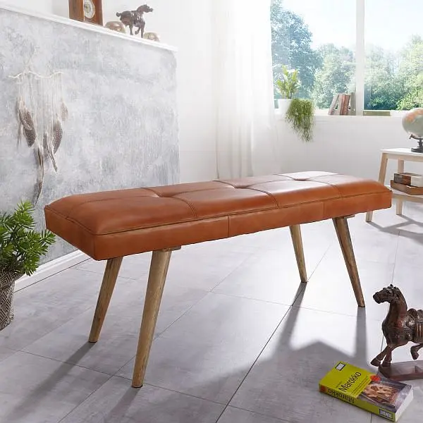 Wohnling Sitzbank SALIM Ziegenleder / Massivholz Bank 117x51 Stück38 cm im Retro Stil WL5.319