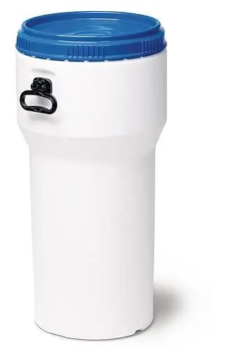 DENIOS Weithalsfass aus PE 60 Liter mit Deckel weiß/blau nestbar UN-Zulassung 217401