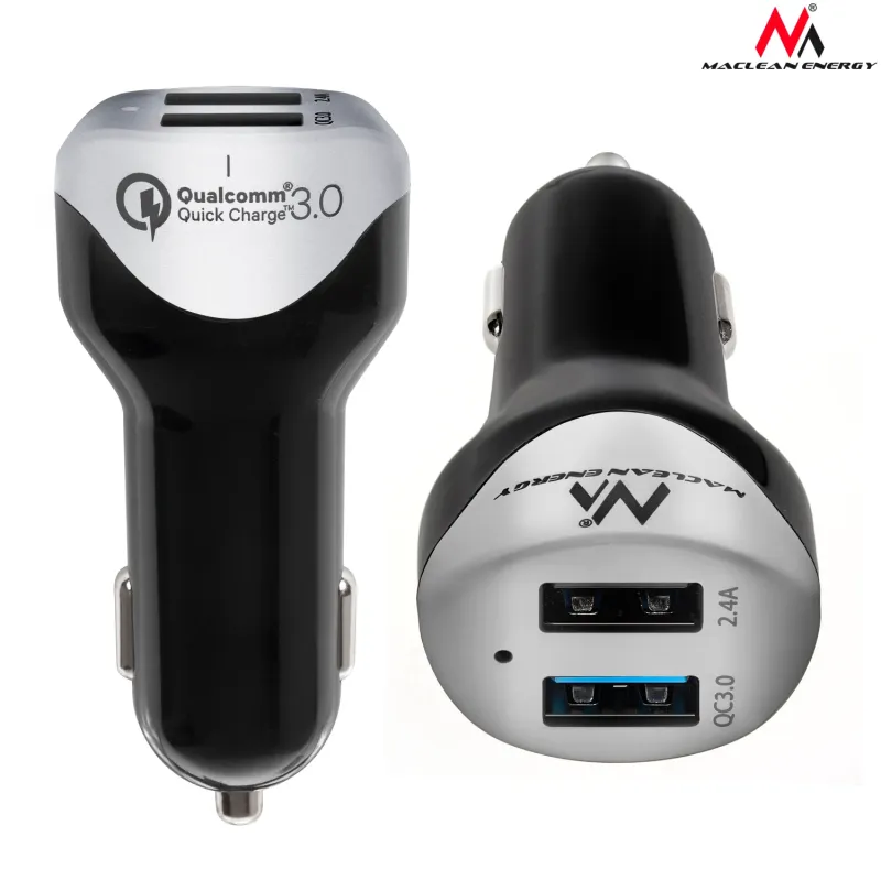 Autoladegerät max4.8A 2xUSB Maclean Energy MCE157 Qualcomm Flink Charge QC 3.0 plus Kabel 1.5m Silber mit Ratsche