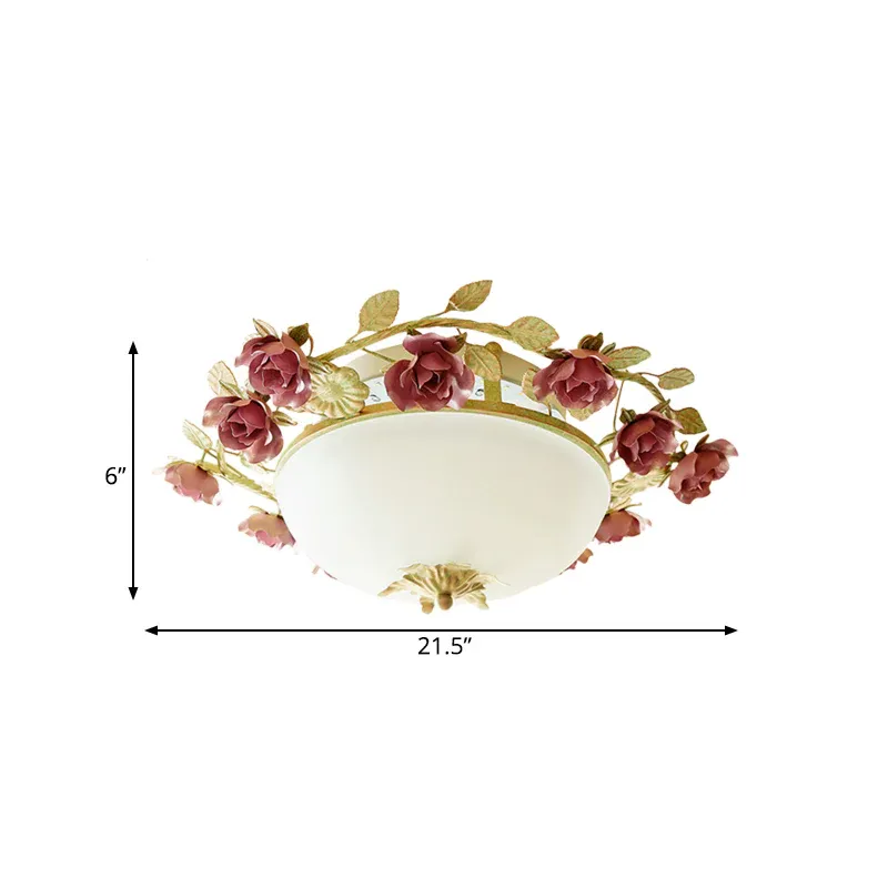 American Flower Bowl Deckeneinbauleuchte mit 3 Leuchten aus Opalmilchglas Rosa-Grün, klein/groß