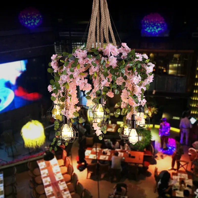 Industrielle Glühbirnen-Cluster-Pendelleuchte, 8 Glühbirnen, Hanfseil, LED-Blumen-Hängelampen-Set Schwarz