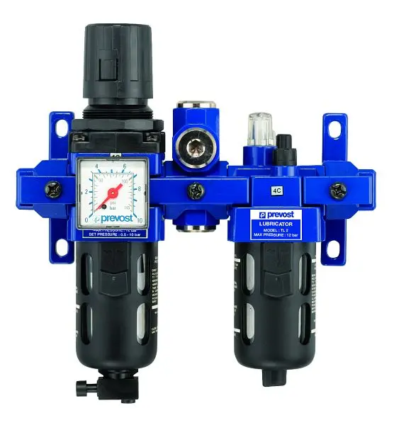 Prevost ALTO 2- Doppelblock- Filterregler mit Manometer Öler Wandbefestigungsset und Zwischenstück für ungeölte Luft I...