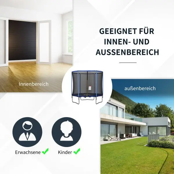 HOMCOM Trampolin mit Schutzsnetz Gartentrampolin für Innen- und Außenbereich Blau+Schwarz bis 1136 kg Ø244 x 240H cm A7...