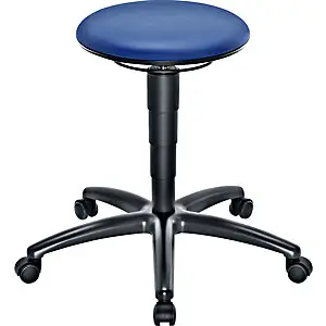 Arbeitsschuhe- Arbeitshocker mit Gasfeder-Höhenverstellung, Sitz aus blauem Kunstleder, mit Rollen.