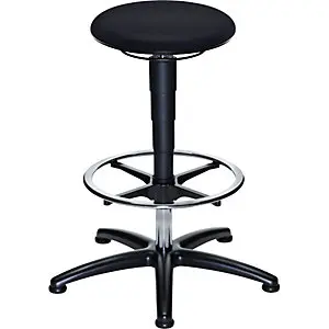Robuste Arbeits- Arbeitshocker mit Gasfeder-Höhenverstellung, Sitz aus schwarzem Kunstleder, mit Gleitern und Fußring.
