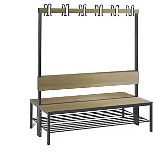 Bequeme Garderobenbank ESSENTIELL PLUS, doppelseitig, HPL, Lehne und Hakenleiste, Länge 1500 mm, Dekor Eiche, Schuhrost.
