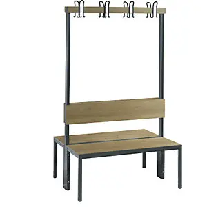 Garderobenbank BASIEREND PLUS, doppelseitig, HPL, Lehne und Hakenleiste, Länge 1000 mm, Dekor Eiche. mit 120 kg Belastbar...