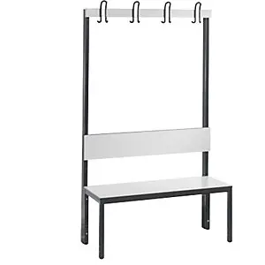 Garderobenbank EINFACH PLUS, einseitig, HPL, Lehne und Hakenleiste, Länge 1000 mm, weiß.
