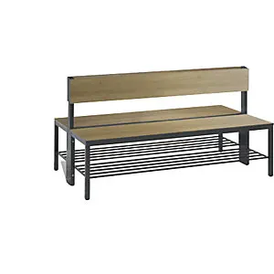 Garderobenbank ELEMENTAR PLUS, doppelseitig, HPL, Lehne, Länge 1500 mm, Dekor Eiche, Schuhrost.
