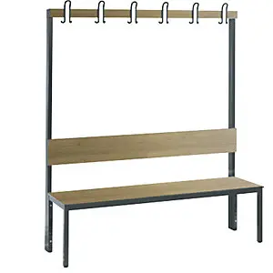 Polster- Garderobenbank ESSENTIELL PLUS, einseitig, HPL, Lehne und Hakenleiste, Länge 1500 mm, Dekor Eiche.