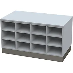 Sitover-Garderobenbank, doppelseitig, melaminbeschichtet, 2 x 15 Fächer, Länge 1360 mm, grau, Edelstahlsockel.