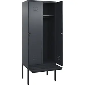 Spind Classic PLUS Sitzbank, 2 Abteile, grau, B 800 mm, Sicherheits-Drehriegel, auskragend, Kunststoff.