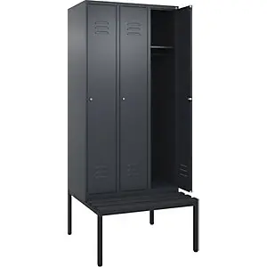 Spind Classic PLUS Sitzbank, 3 Abteile, grau, B 900 mm, Zylinderschloss, untergebaut, Kunststoff.